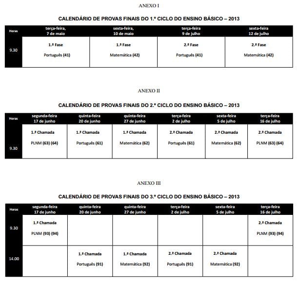Calendário de exames nacionais no ensino básico - 2013
