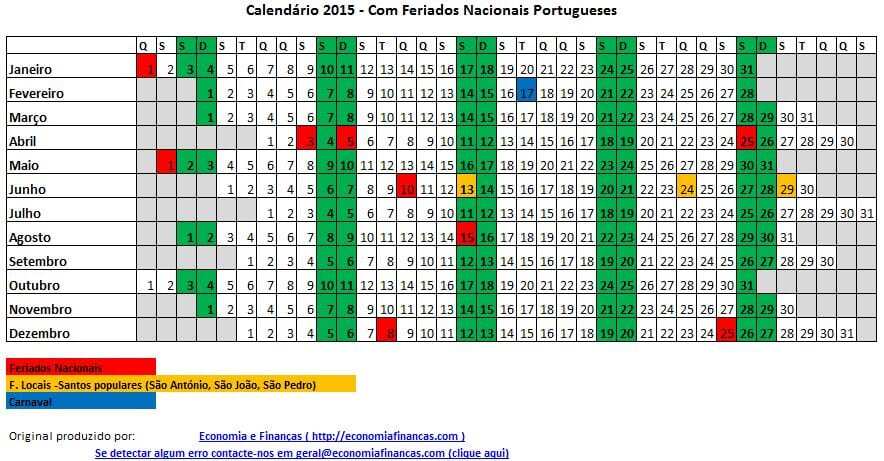 Calendário 2015 Portugal com Feriados - Excel - Versão Planisfério
