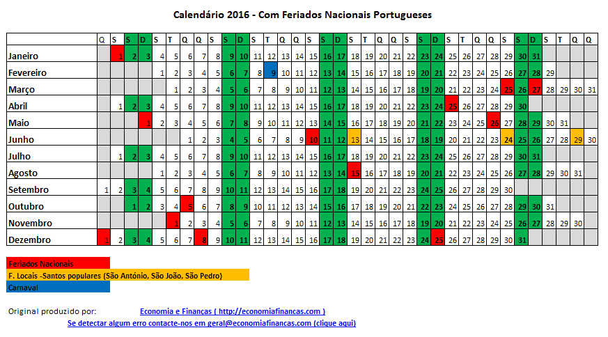 Calendário 2016 Portugal com feriados NOVO