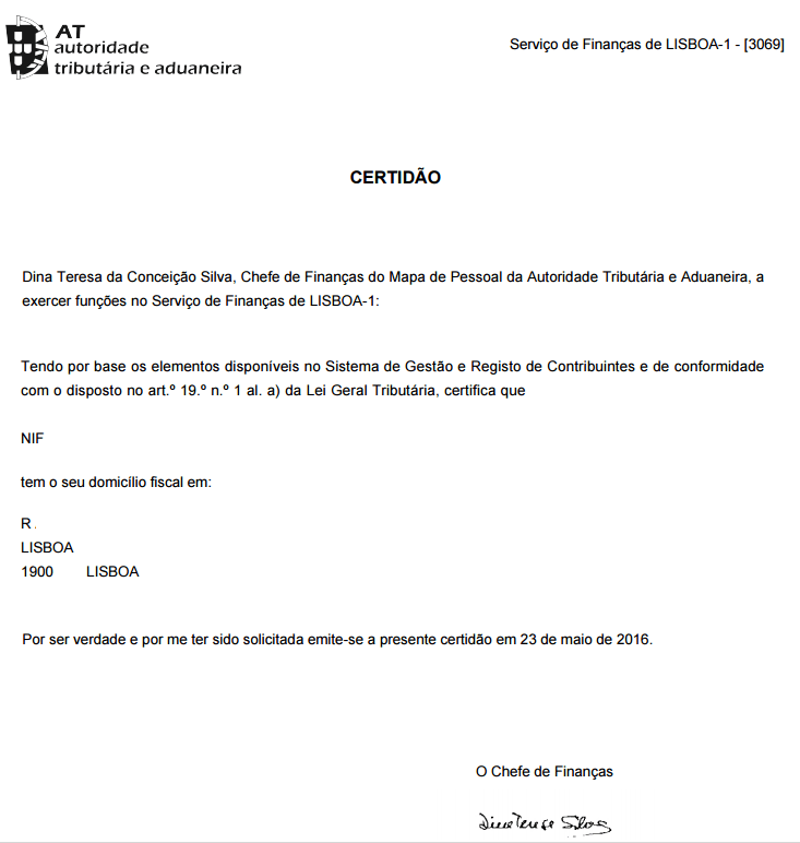Comprovativo de Morada Fiscal