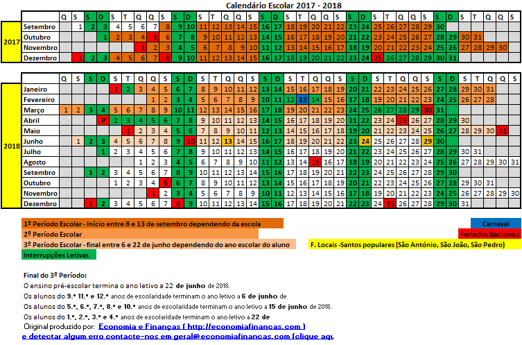 Calendário Escolar 2017 2018 em Excel