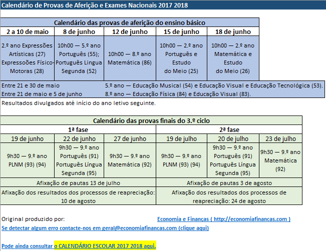Calendário de provas de aferição e exames nacionais 2017 2018 I