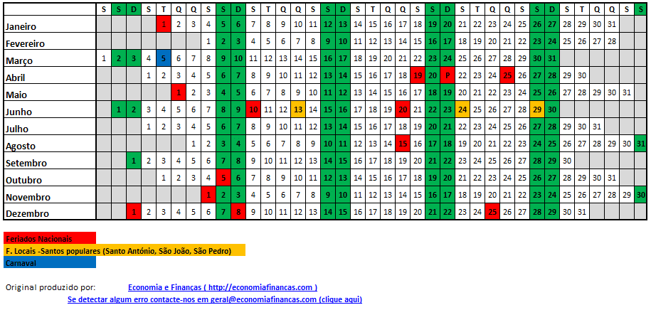 Calendário 2019 - Portugal Excel