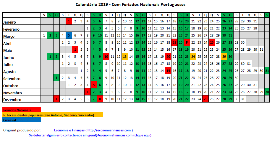 Calendário 2019 Portugal com Feriados