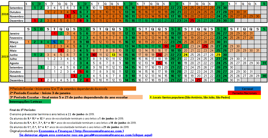 Calendário Ano Letivo 2018 2019