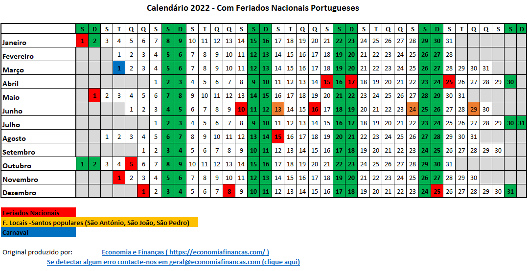 Feriados e Calendário 2022 em Excel Portugal Economia e Finanças