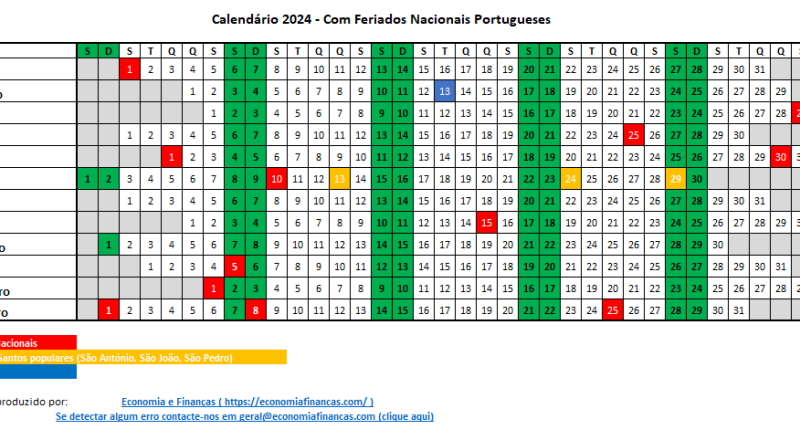 Calendário 2024 Excel com Feriados Portugal