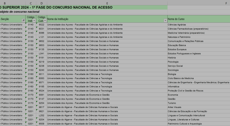 Excel com vagas de acesso ao ensino superior 2024 2025