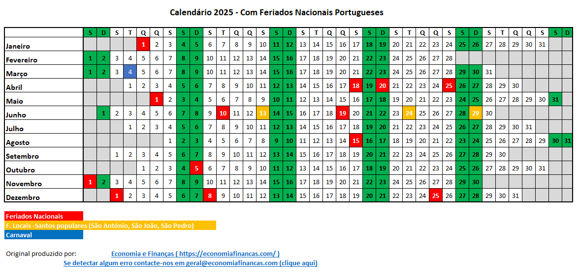 Calendário 2025 em Excel com Feriados Portugal Economia e Finanças