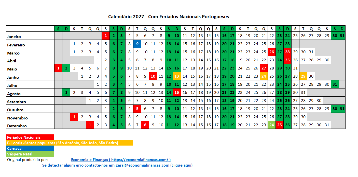 Calendário para 2027
